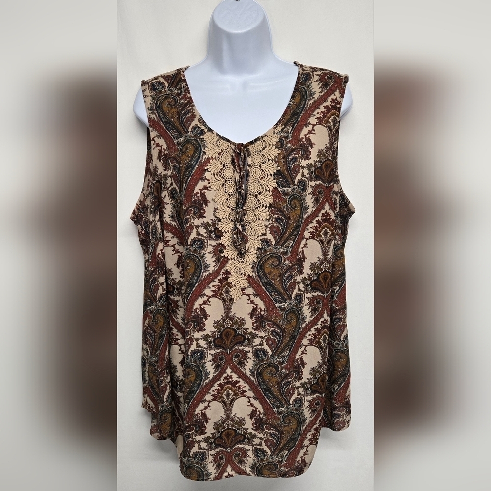 Daniel Rainn 1X Sleeveless Blouse Tie Front Paisley Lace Lightweight